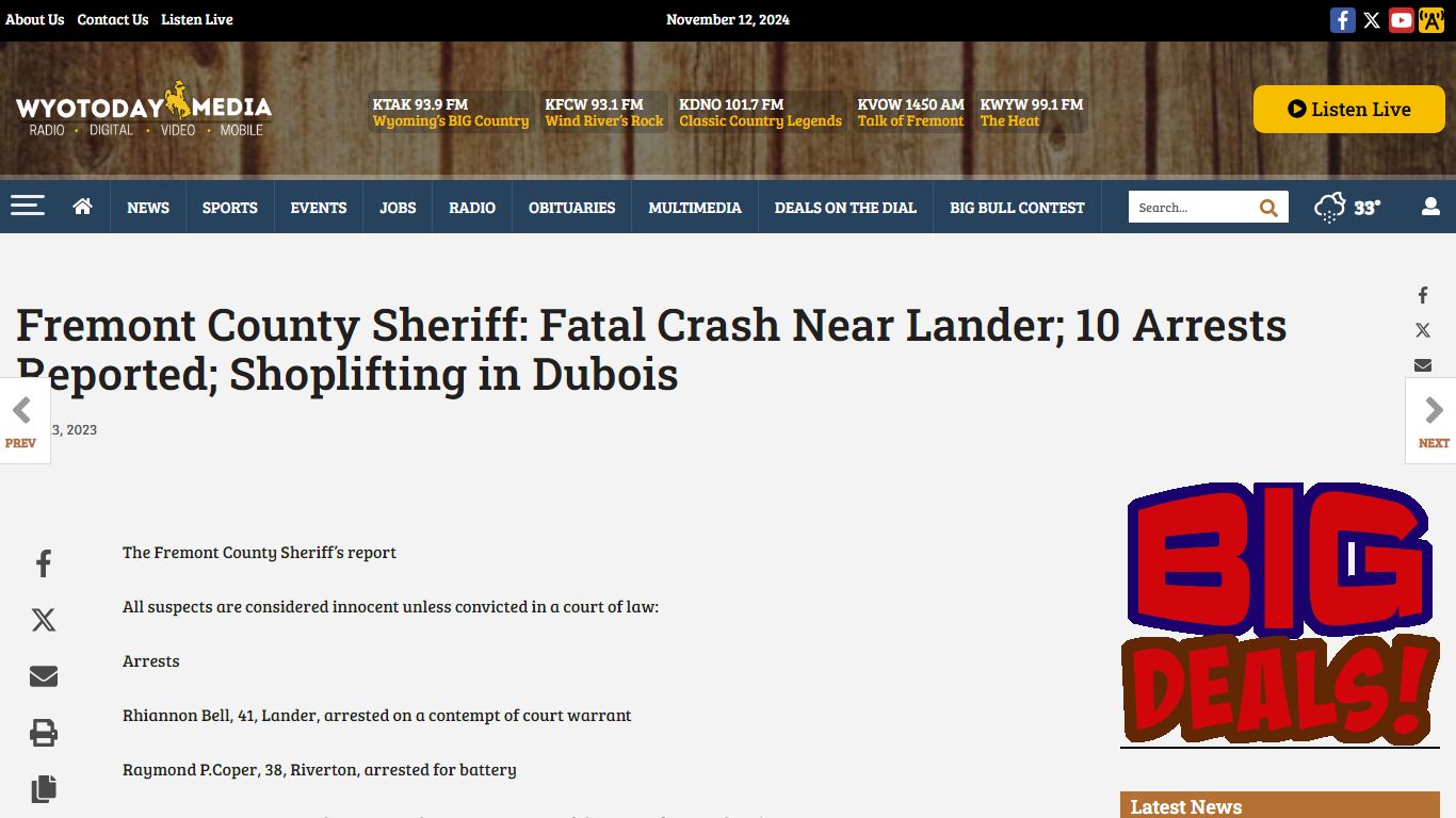 Fremont County Sheriff: Fatal Crash Near Lander; 10 Arrests Reported ...